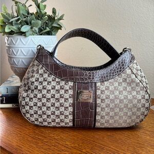 Liz Claiborne Crescent Brown and Cream Shoulder Bag with Checkered Pattern